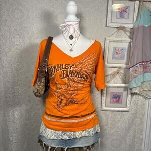 y2k harley davidson orange rhinestone t-shirt